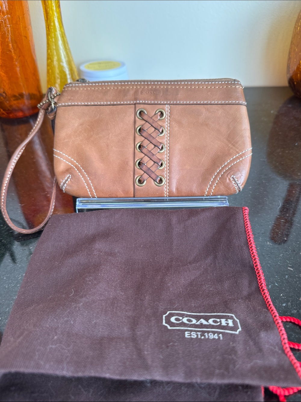Coach Tan Leather Lace-Up Wristlet Clutch